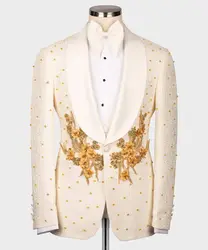 Beige Men Pants Suits Set 2 Piece Blazer+Trousers Appliqued Beaded Groom Wedding Tuxedo Single Breasted Coat Prom Dress