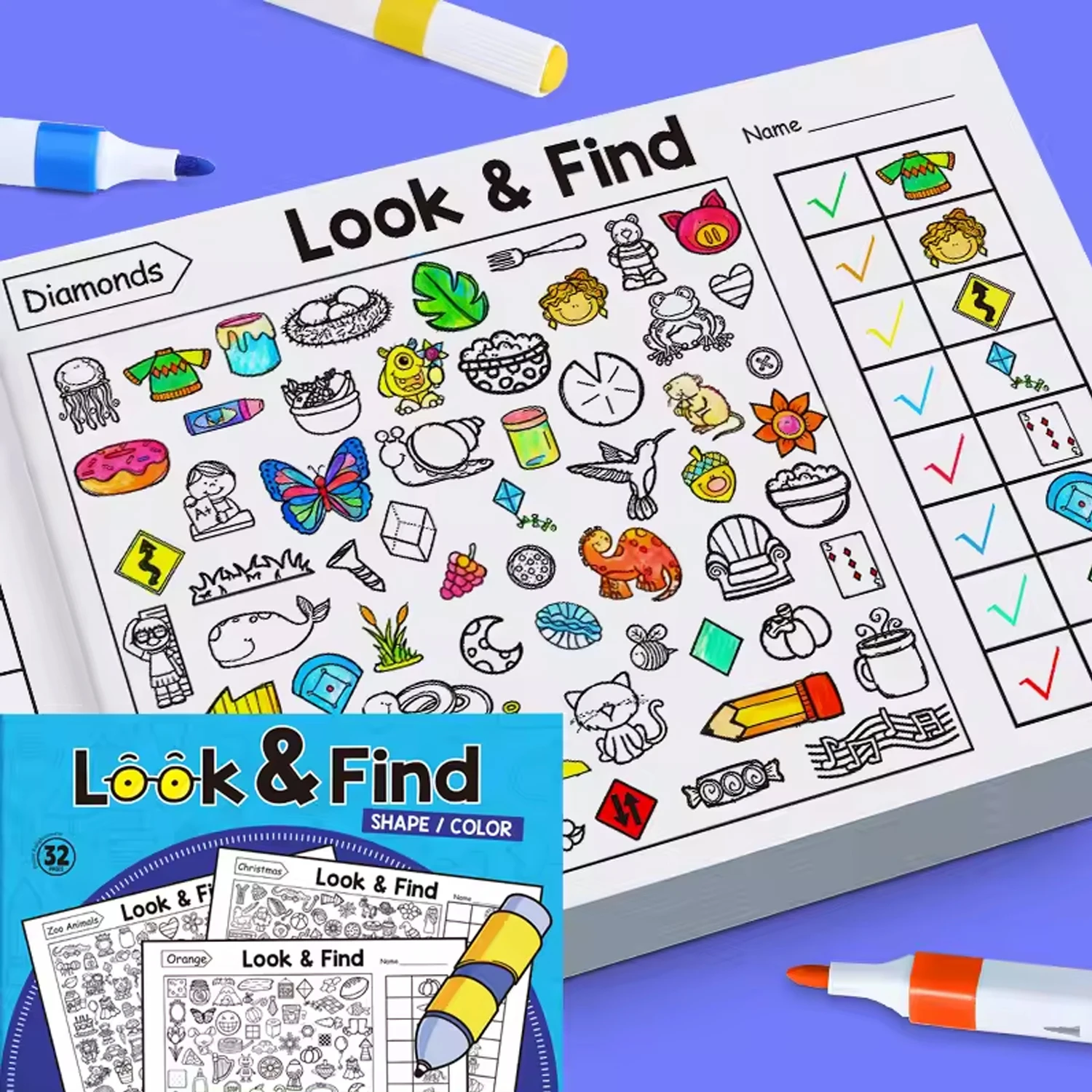32 Pages Fun Search&Color Book for Kids,Hidden Objects Activity to Boost Focus,Attention&Early Educational Handwriting Practice