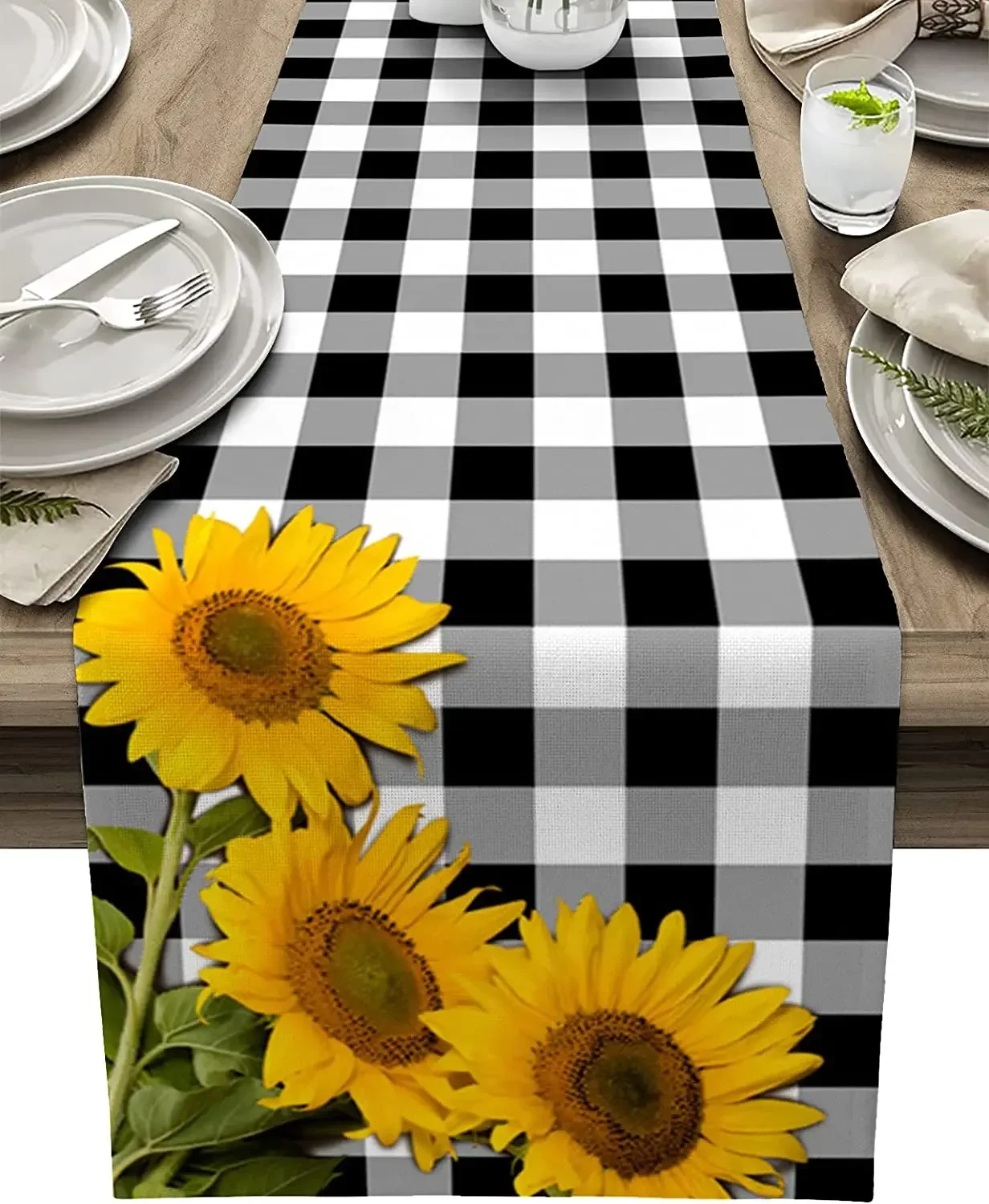 

Sunflower Black White Buffalo Plaid Linen Table Runners Kitchen Decoration Washable Dining Holiday Decor