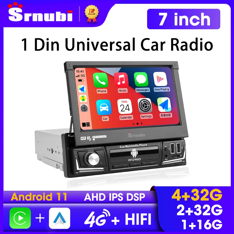 

Srnubi Android 11 Universal Car Radio 1 Din 7" IPS Retractable Screen GPS Navigation Carplay Multimedia Video Player Stereo