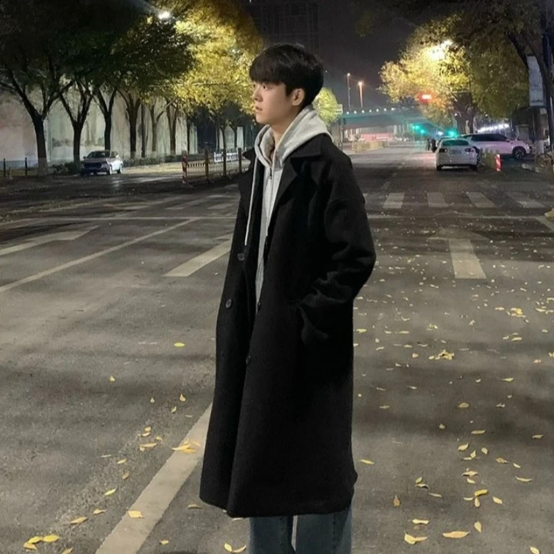 

Men's Black Wool Coat Autumn Winter Premium Mid Length Woolen Overcoat Korean British Style Trench Coat Stylish Warm for Men