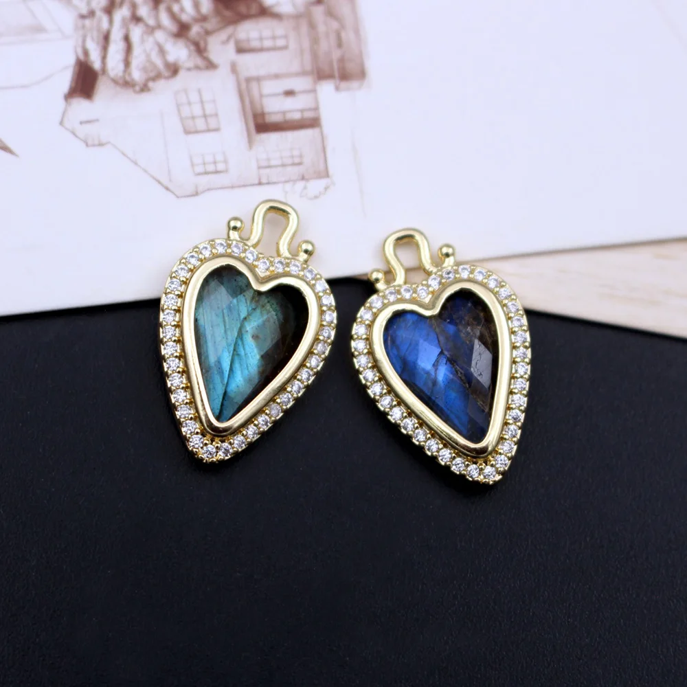 6pcs DIY Jewelry Accessories Heart Shape Cut Faceted Blue Amazonite Labradorite Lapis Tiger eye Stones Pendant Charms Drops