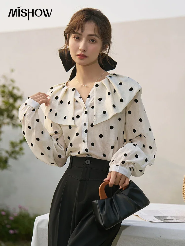 MISHOW Retro Polka Dot Blouses for Women Spring 2023 French Peter Pan Collar Shirt Sleeve Single Breasted Female Tops MXC14C0018