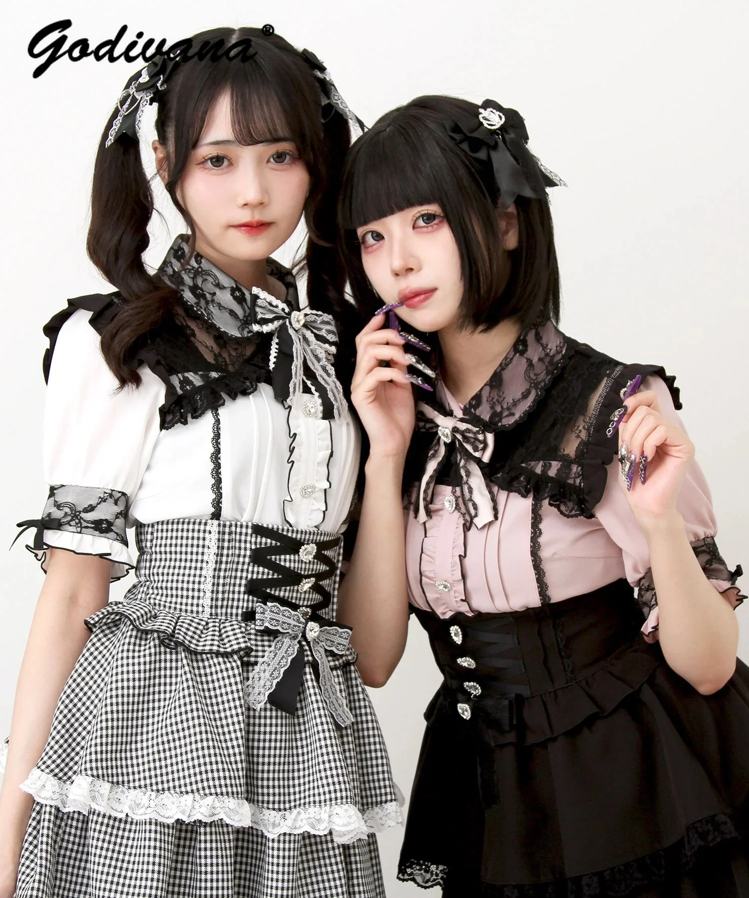 

Japanese Style New Women's Sweet Lace Bow Lolita Shirt Girls Short Bubble Sleeve Summer Blouse Shirts Cute Tops