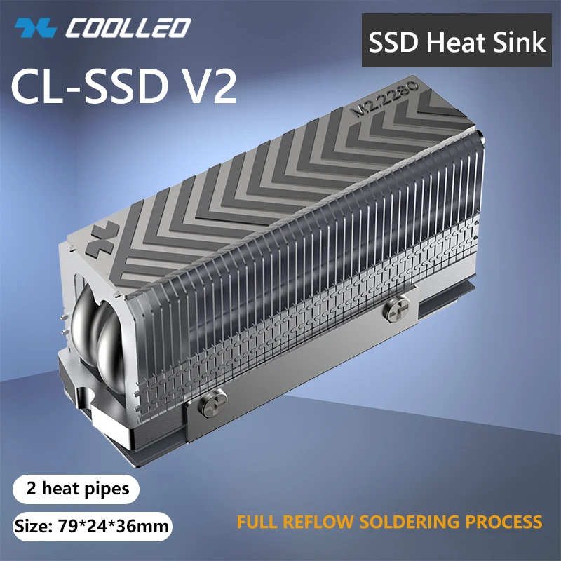 COOLLEO M.2 2280 NVMe SSD Heat Sink 2 Heat Pipes SSD Cooler With 14.8W/mk Thermal Pad