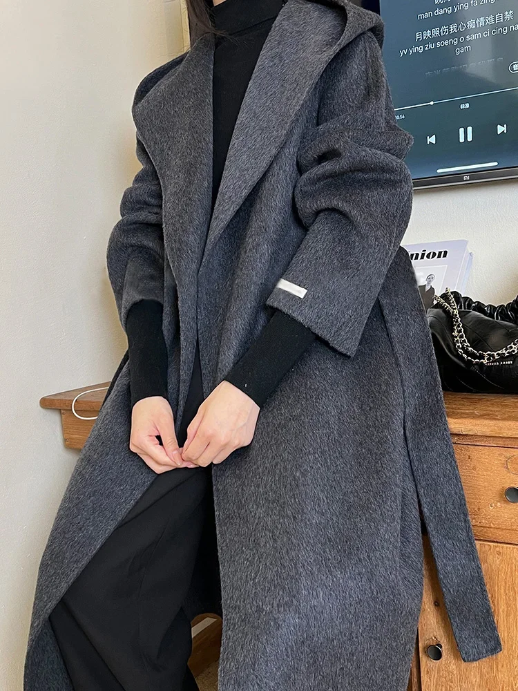 New Bathrobe Natural Wool Coat Hooded Cape Women Mid-length Casual Loose Lace-up Warm Woolen Coat Long Sleeve Fit Autumn Winter