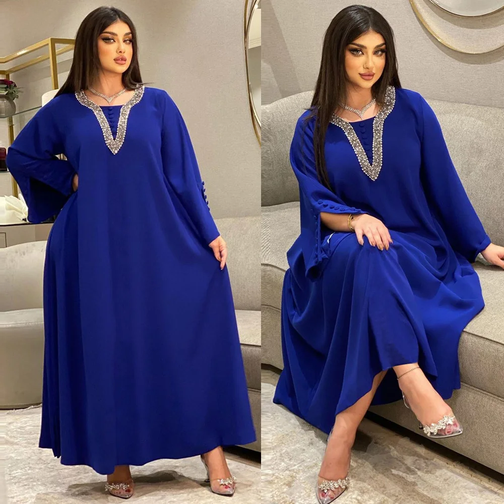 

Morocco Party Dress for Women Fashion Diamonds Button Decoration Long Sleeve Party Prom Dress Ramadan Muslim Women Maxi Vestidos