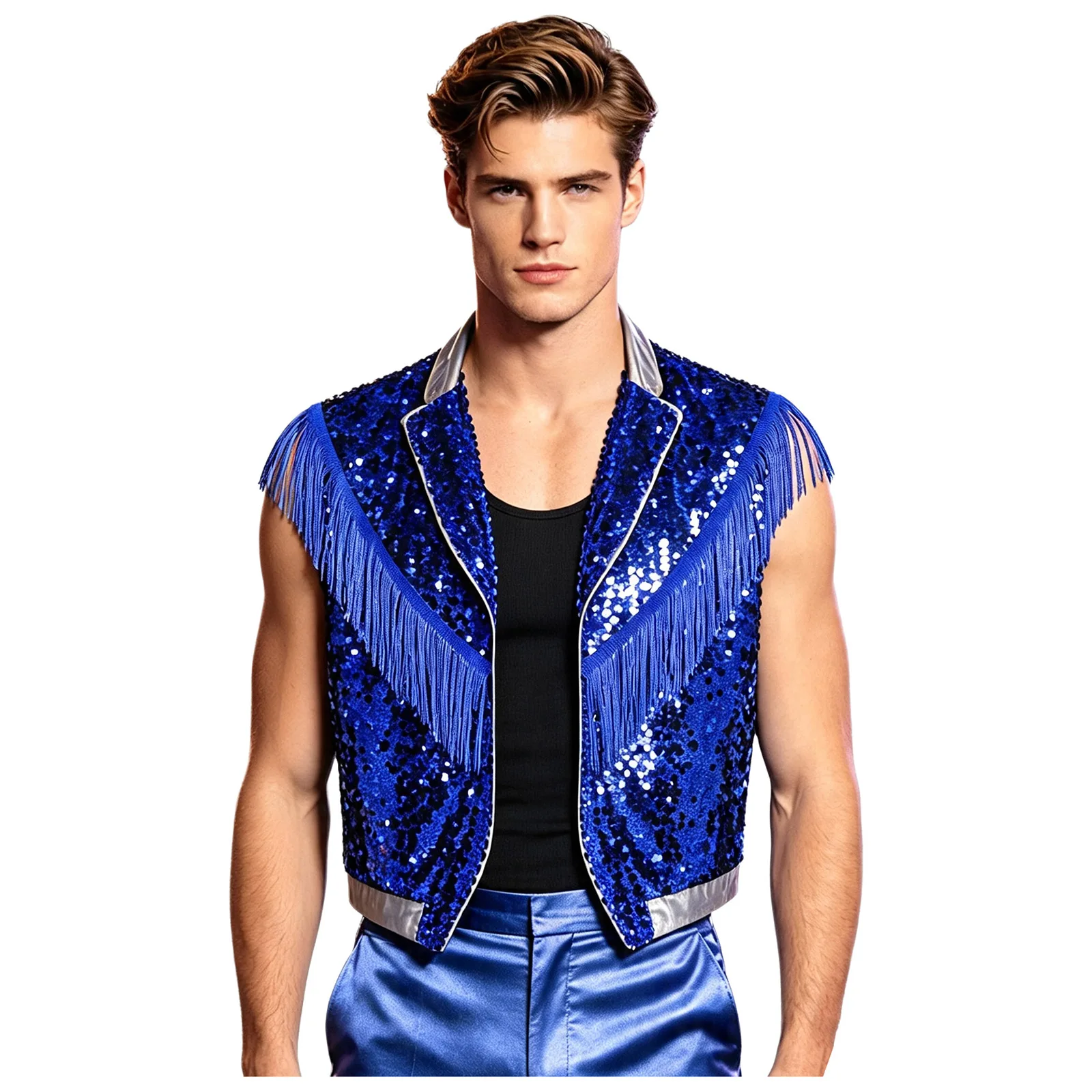 Mens 70s Disco Hip Hop Jazz Dance Vest Jacket Shiny Sequin Lapel Sleeveless Tassel Open Front Tank Top for Prom Stage Nightclub