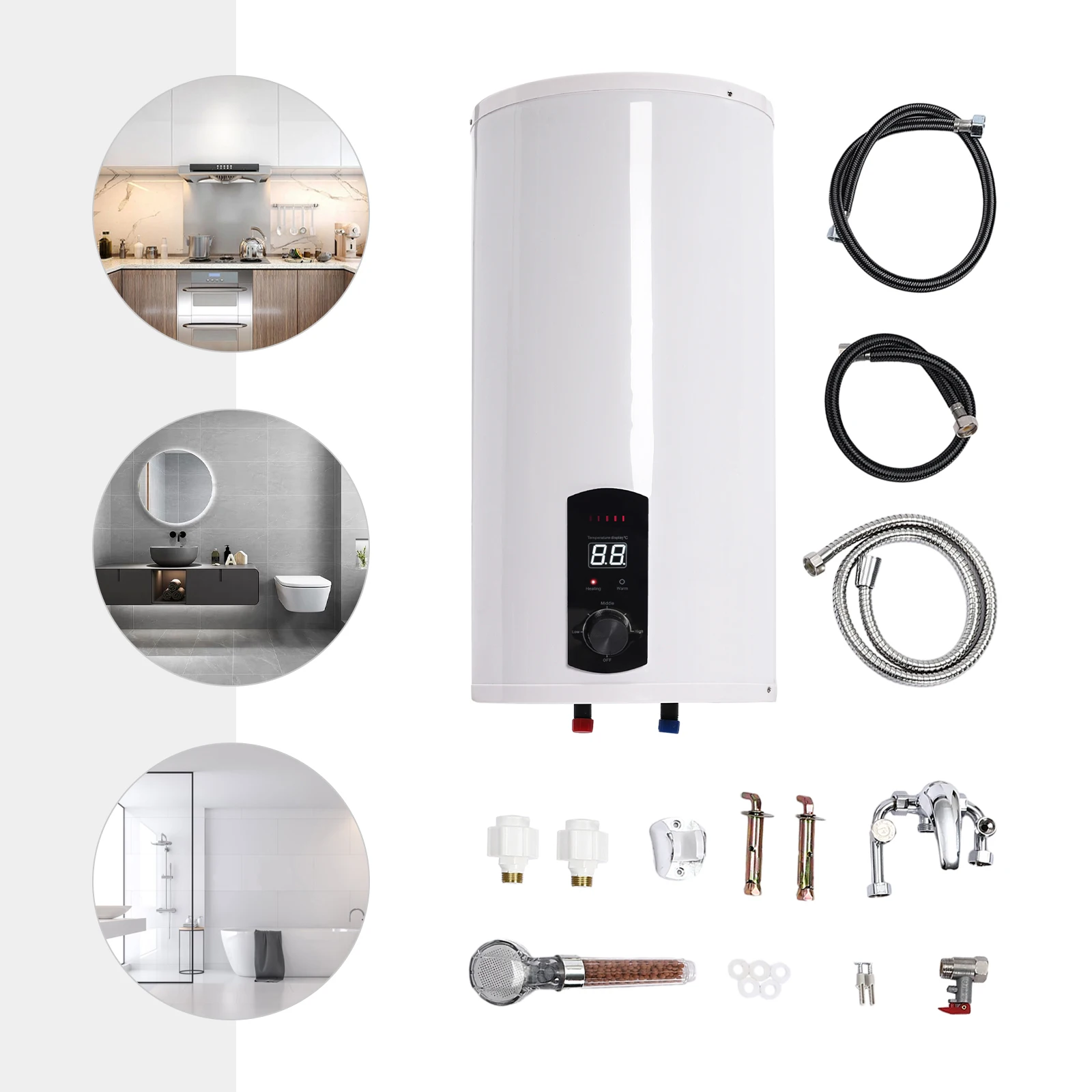 Calentador de Agua Eléctrico, Caldera de Agua de 50L, Diseño Vertical, Acero Inoxidable Esmaltado Blanco, Calentamiento Rápido, Calentador para Baño y Hogar