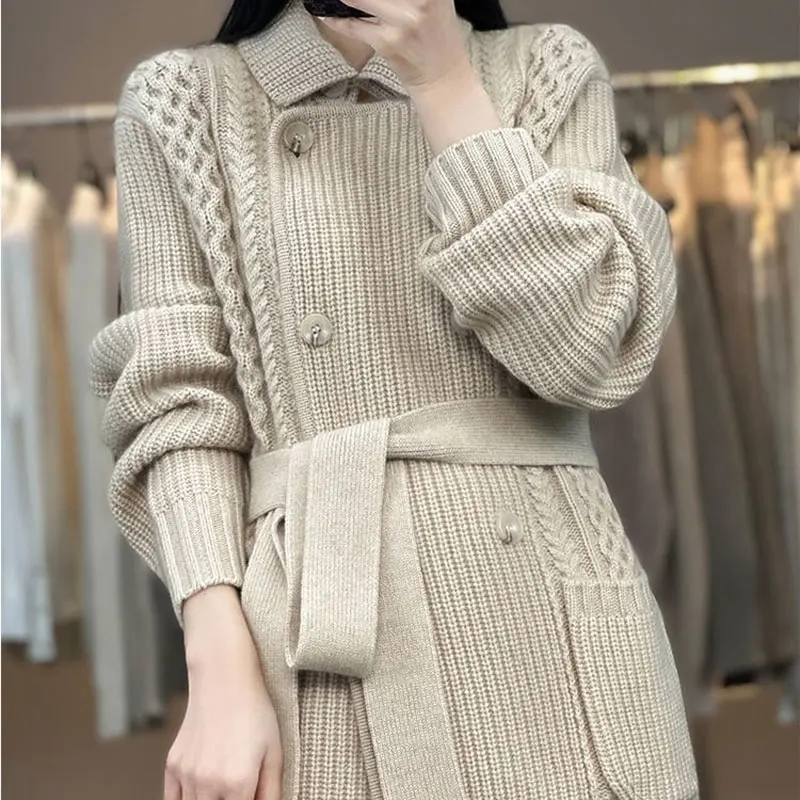 Fashion Solid Color Midi Knitted Cardigan Korean Lapel Women\'s Clothing Pockets Spliced Autumn Winter Drawstring Sashes Sweaters