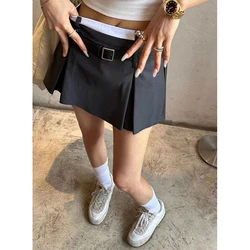 MEXZT Streetwear Belt Mini Skirt Women Korean Patchwork Pleated Skirts Y2K Harajuku Fashion Black Grey All Match A Line Skirt