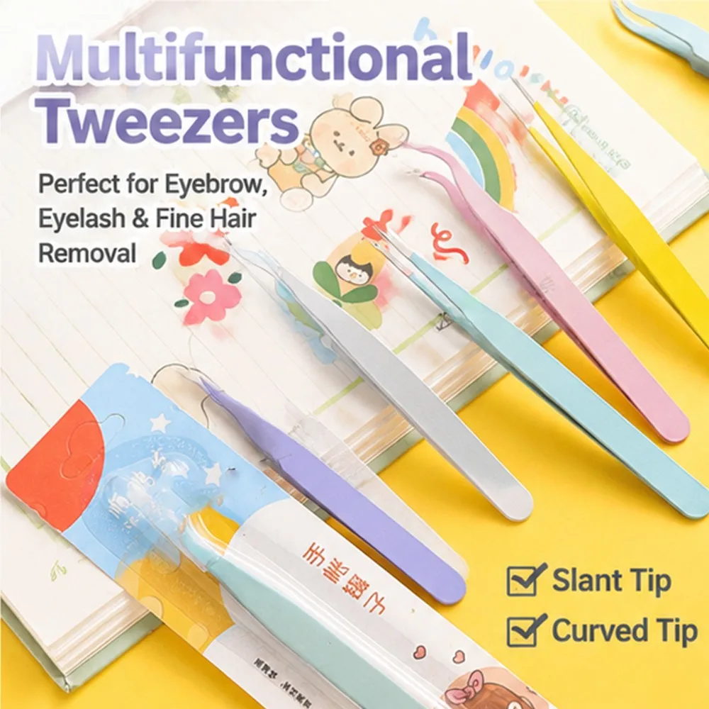 Stainless Steel Straight Curved Tweezers Colorful Pink Blue Purple DIY Eyelash Tweezer Nail Art Sticker Rhinestones Picking Tool