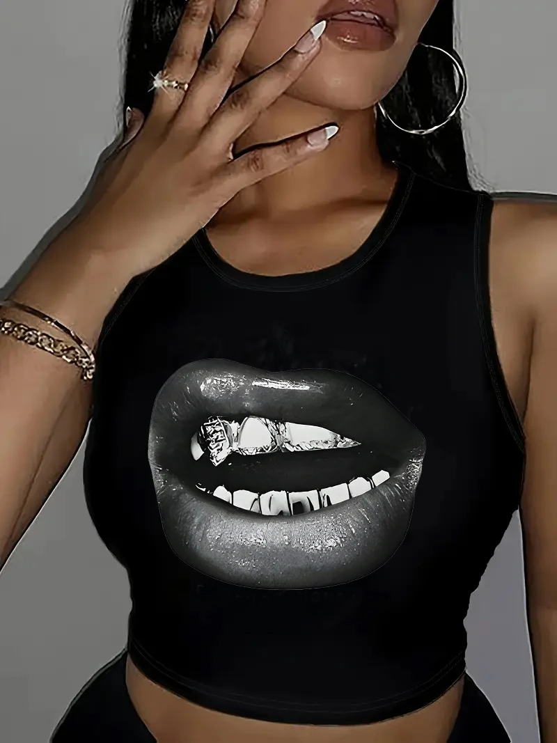 Y2K Retro Lip Girls Print 90er Jahre Crop-Top für Damen Ärmelloses Tanktop Stylische Weste Kurzes Oberteil Lässiges Shirt Modisches Hemd