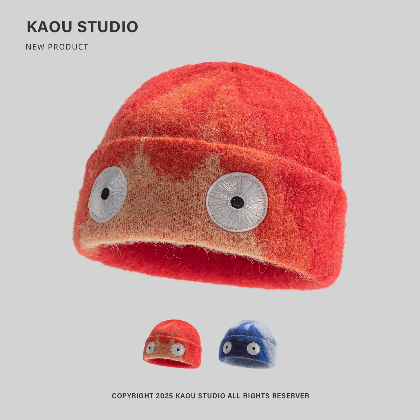 

American Retro Ice and Fire Man Gradient Color Wool Beanie Hat Kasifa Cute Big Eyes Embroidered Pullover Bonnets for Woman