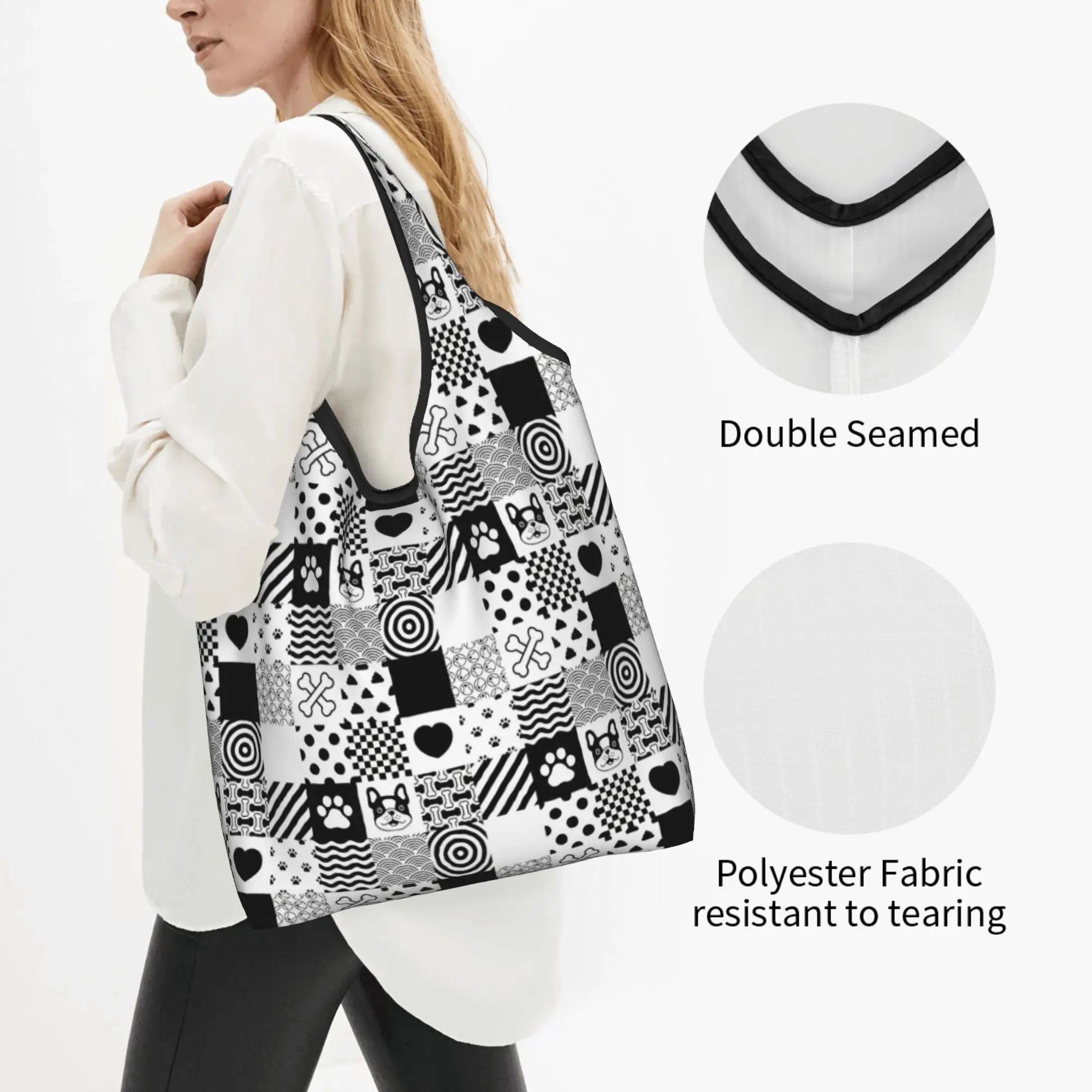 Dog Pattern French Bulldog paw Footprint Bone Polka Tote Shopping Bags Custom Frenchie Dog Lover Shopper Shoulder Bags  Handbag
