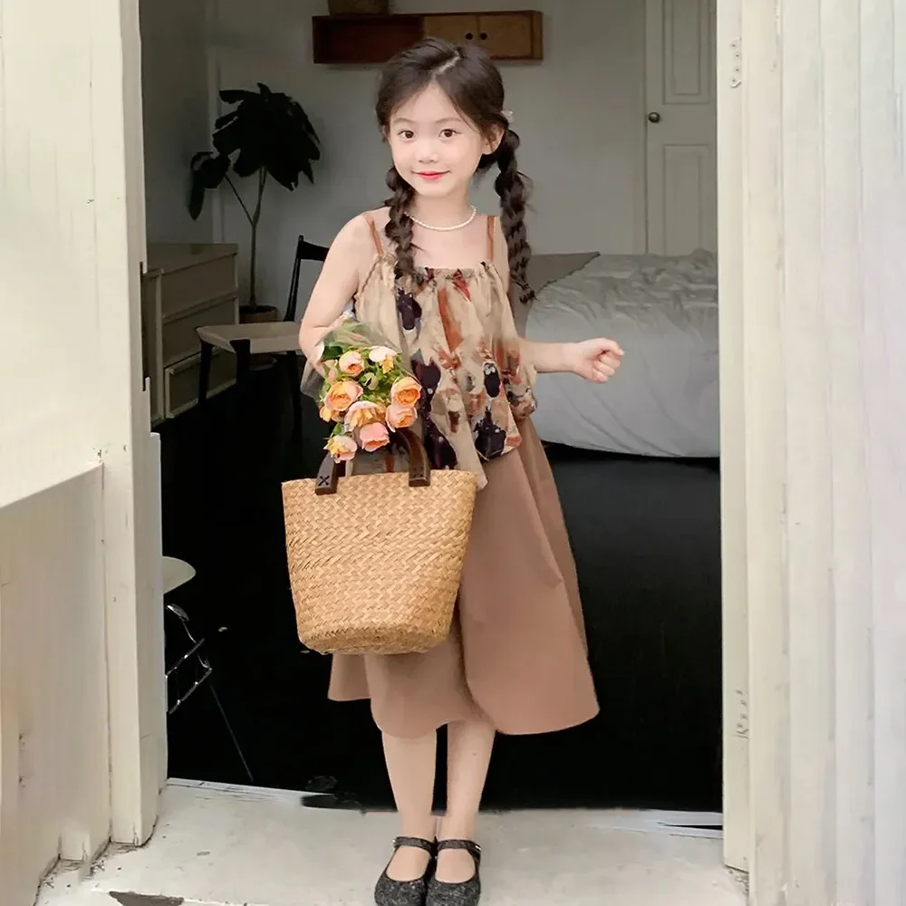 Summer Sale Girls Patchwork Round Neck Sleeveless Printed Dress Japanese Style Children's Clothing 4-7 Years Old