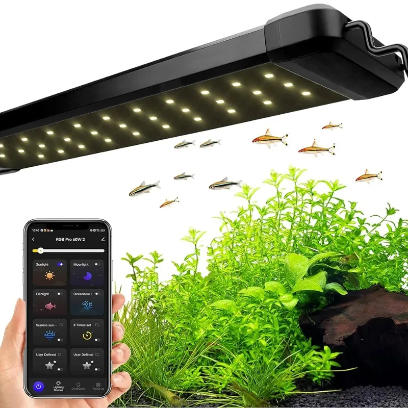 Bluetooth APP Control RGB Aquarium LED Light, Full Spectrum Dimmable Fish Tank Lamp, Timing Fishbowl Lighting Accessory