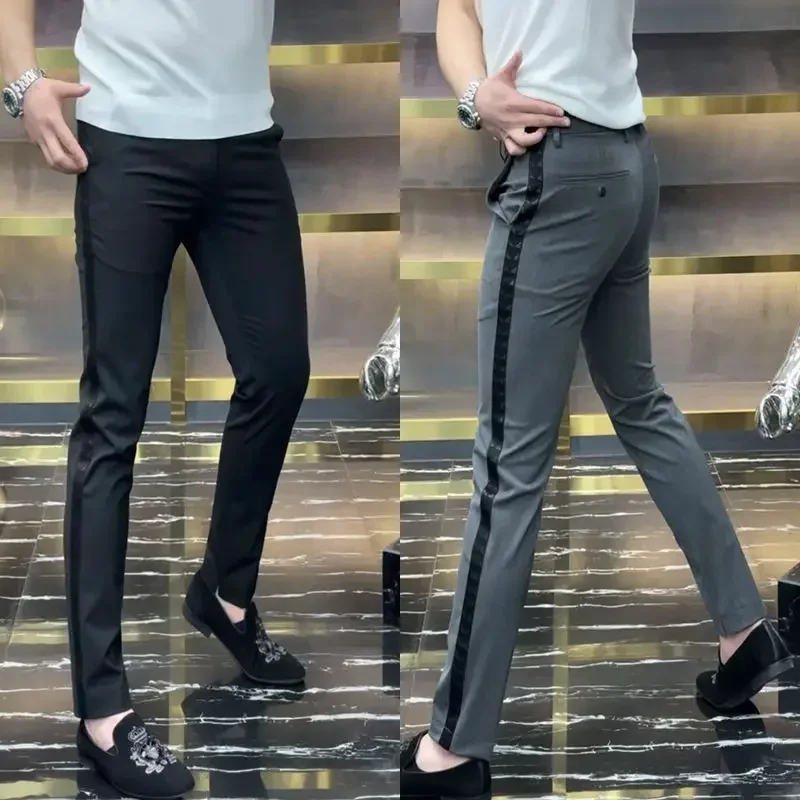 Spring Men Side Striped Business Suits Pencil Pants Streetwear Fashion Male Clothes Elastic Slim Casual Straight Trousers 29-38