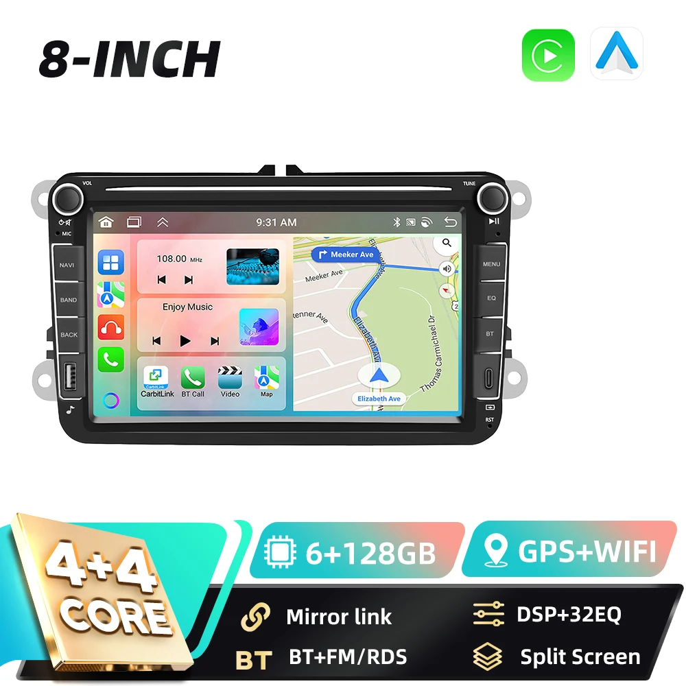 Podofo 8 inch GPS 6+128GB 2DIN autoradio voor VW Volkswagen SAGITAR JATTA JETTA Seat Altea Carplay FM/RDS Android Auto Mirror Link BT