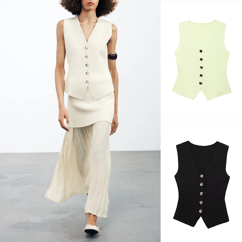 

Spring New Arrival mat Sle Single Button Unadorned V-ne Svel Knitted Vest Women's Faion Commute Pure Color...