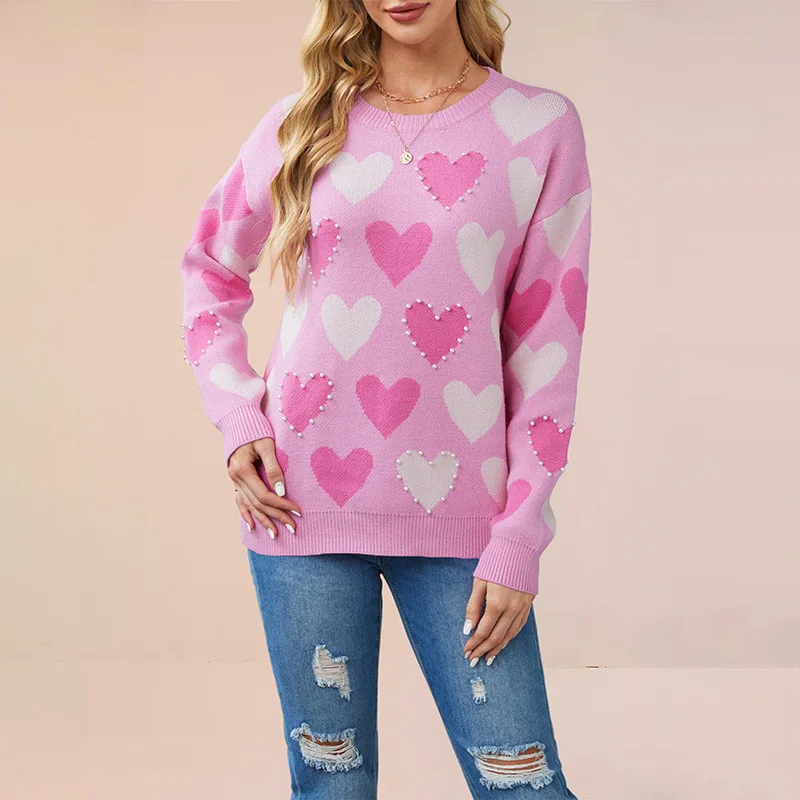 

2025 Winter New Christmas Sweater Round Neck Love Pink Pullover Knitted Sweater Christmas Gift