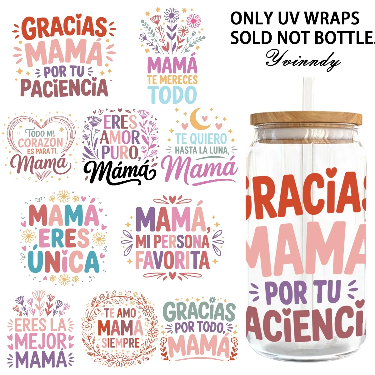 4 Stück/Set Spanische Muttertags-Zitate DIY Hellbeige Tumbler-Wickel Dekorative Transferfolie UV DTF