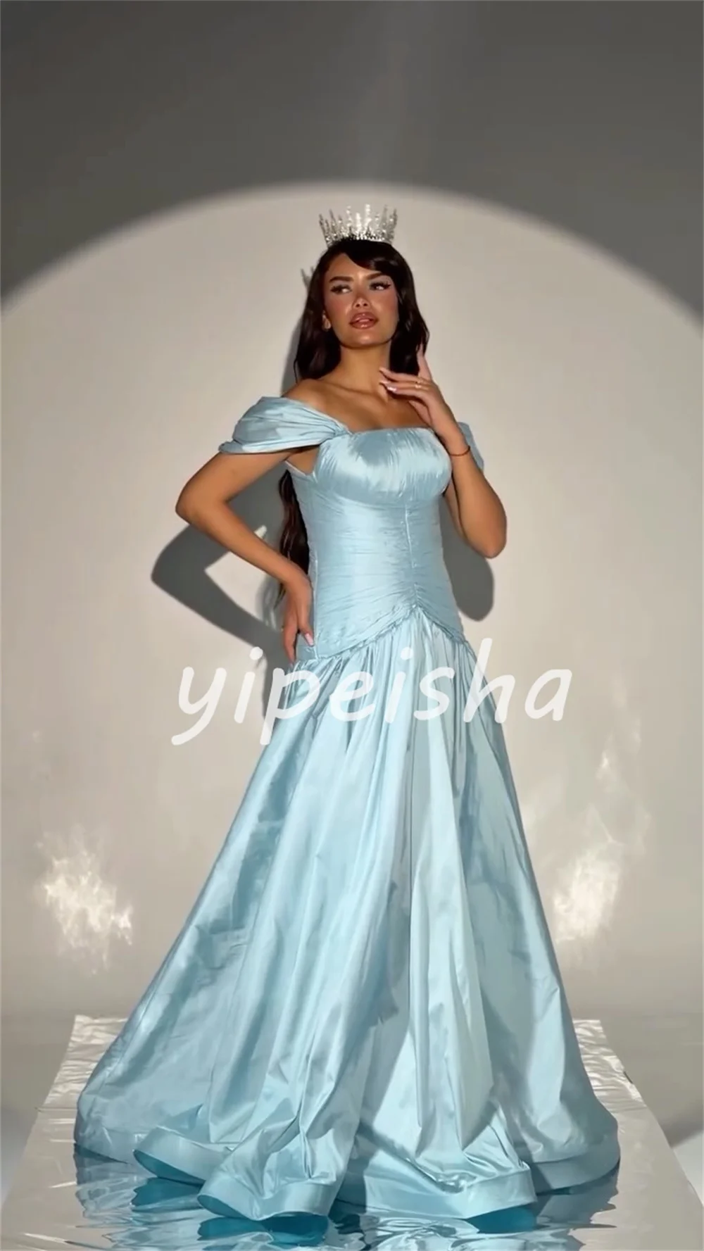 Customized Sizes Available Fashion Charmeuse Pleat Ruched A-line Off-the-shoulder Floor-Length Evening Dresses Party Gowns