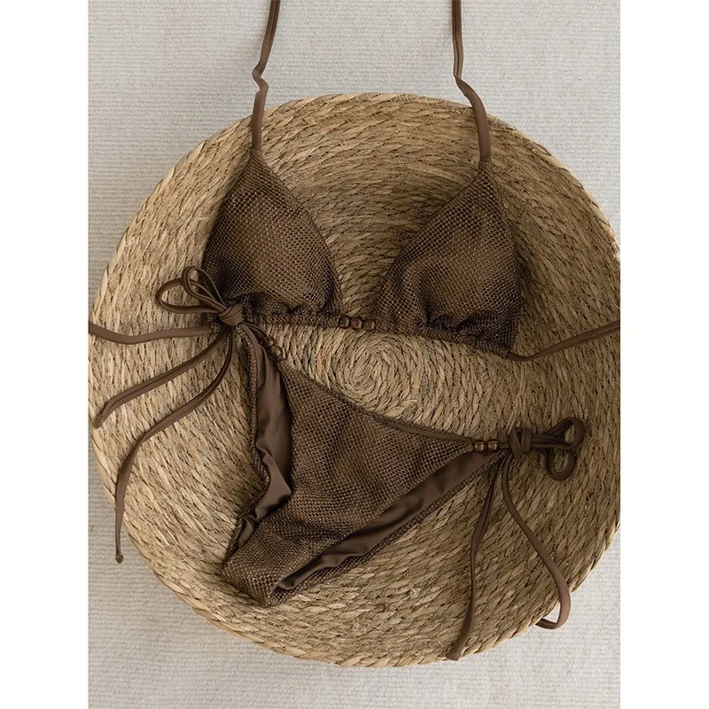 

Сексуальные комплекты микро-бикини с простыми бусинами, состоящие из двух частей, с завязками на шее и трусиками-стрингами, купальники, пляжная одежда, танкини, бикини