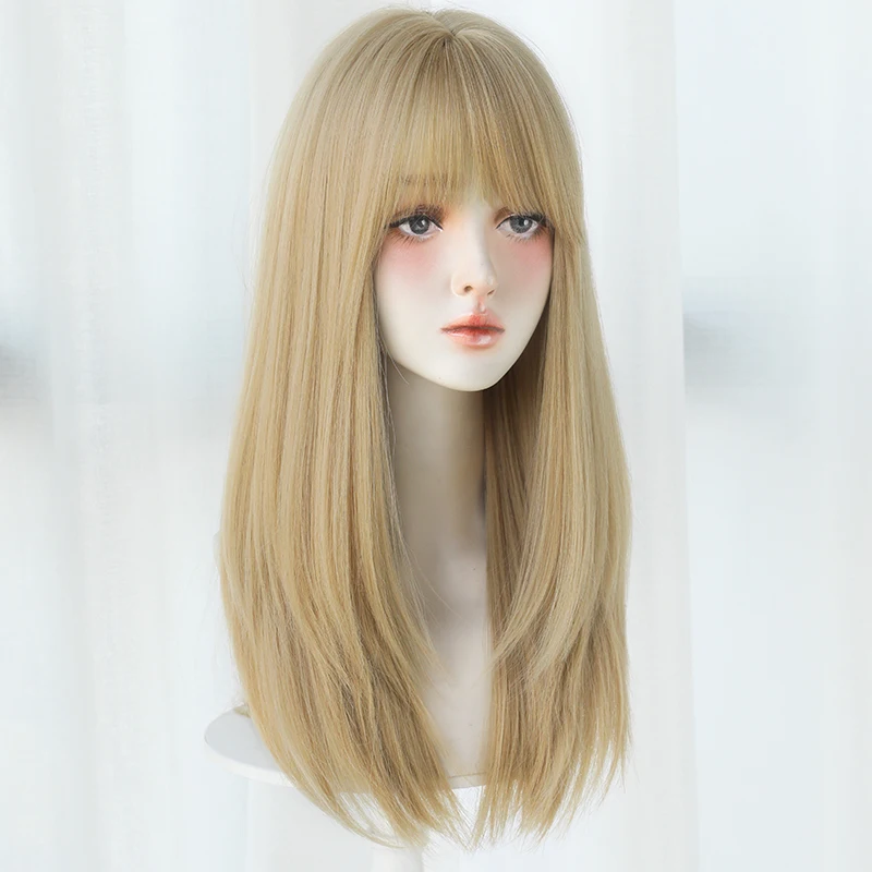 Perucas loiras em camadas retas com franja pura peruca de cabelo falso natural sintético de alta densidade para mulheres perucas de festa cosplay diárias