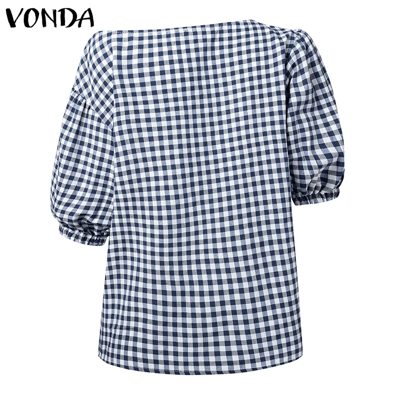 VONDA de talla grande 5XL, blusa elegante a cuadros de verano para mujer, camisas sexis, Tops de moda, Blusas holgadas informales de manga corta abombada para mujer