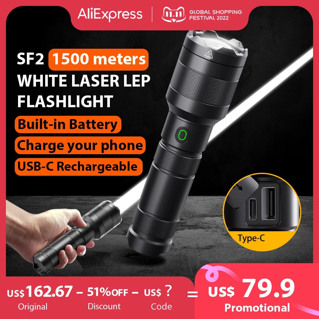 NATFIRE SF2 백색 레이저 손전등 LEP 1500 미터 내장 21700 배터리, C 타입 충전식, 전술 군사 수색 손전등
