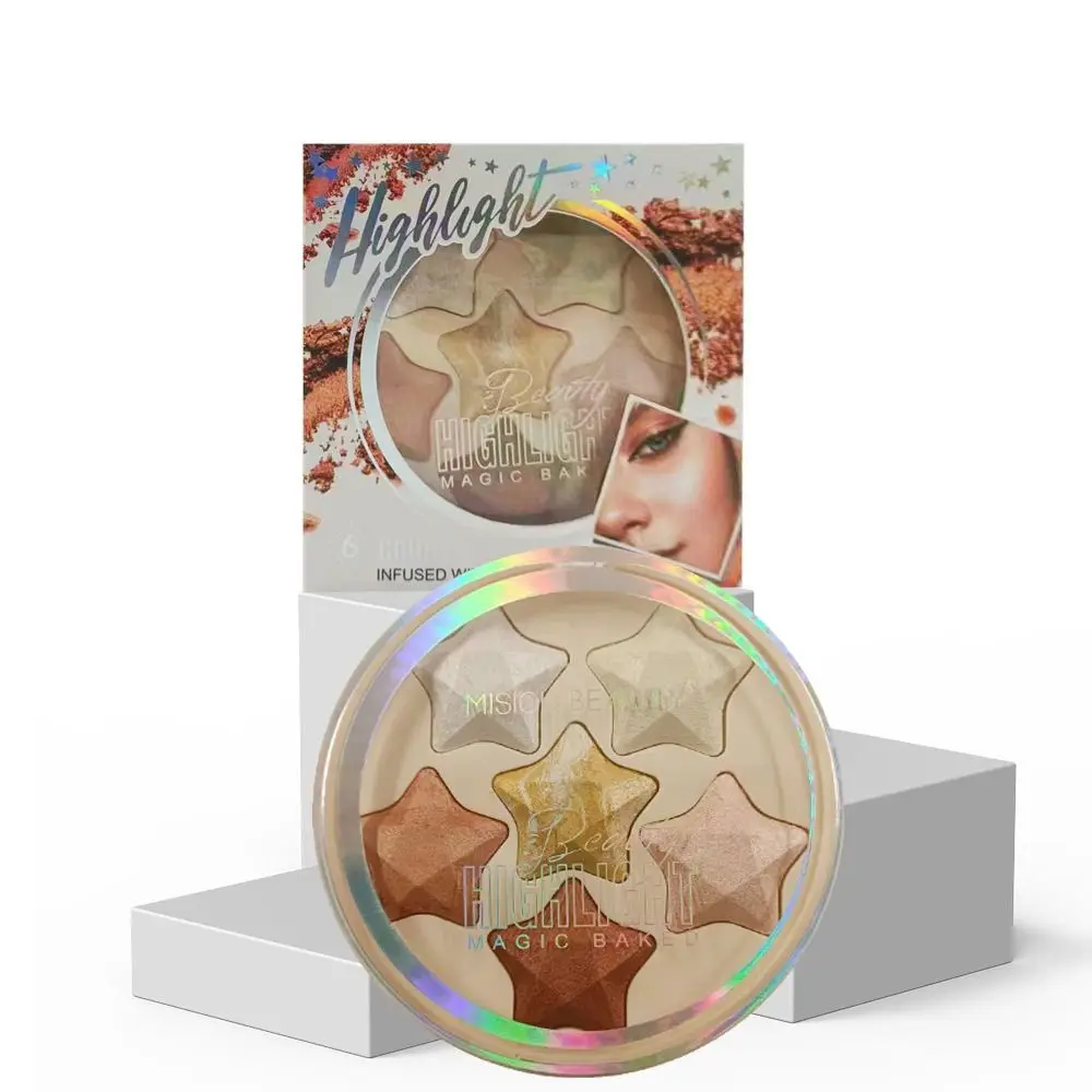 Five-pointed Star Glitter Highlighter Palette ธรรมชาติ 6 สี Face Contour Blush Palette Brighten อายแชโดว์กันน้ํา Palette