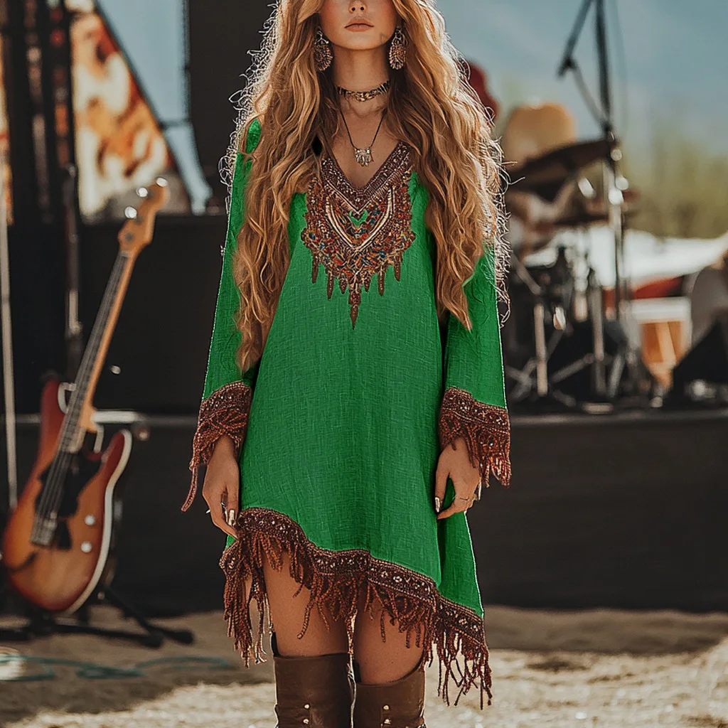 Boho Embroidered Tassel Dress V Neck Long Sleeve Asymmetric Hem Mini Dress with Multiple Colors for Festival and Casual