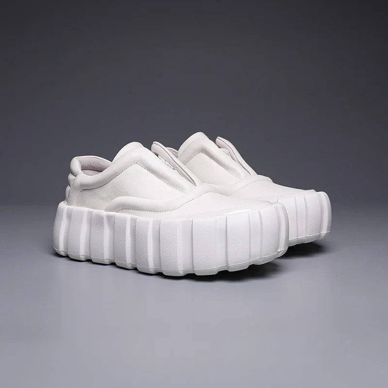 Men's Chunky Natural Cowhide Slip-On Sneakers Height-Increasing White Dad Shoes Luxury Elegant Trendy Casual Loafers Versatile