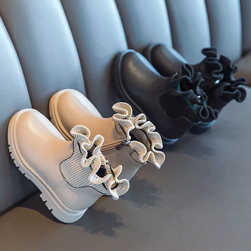 

Girls Winter Short Leather Boots Children Thickened Add Velvet Princess Cotton Boots Woman Lace Soft Soled Comfortable Kid Shoes