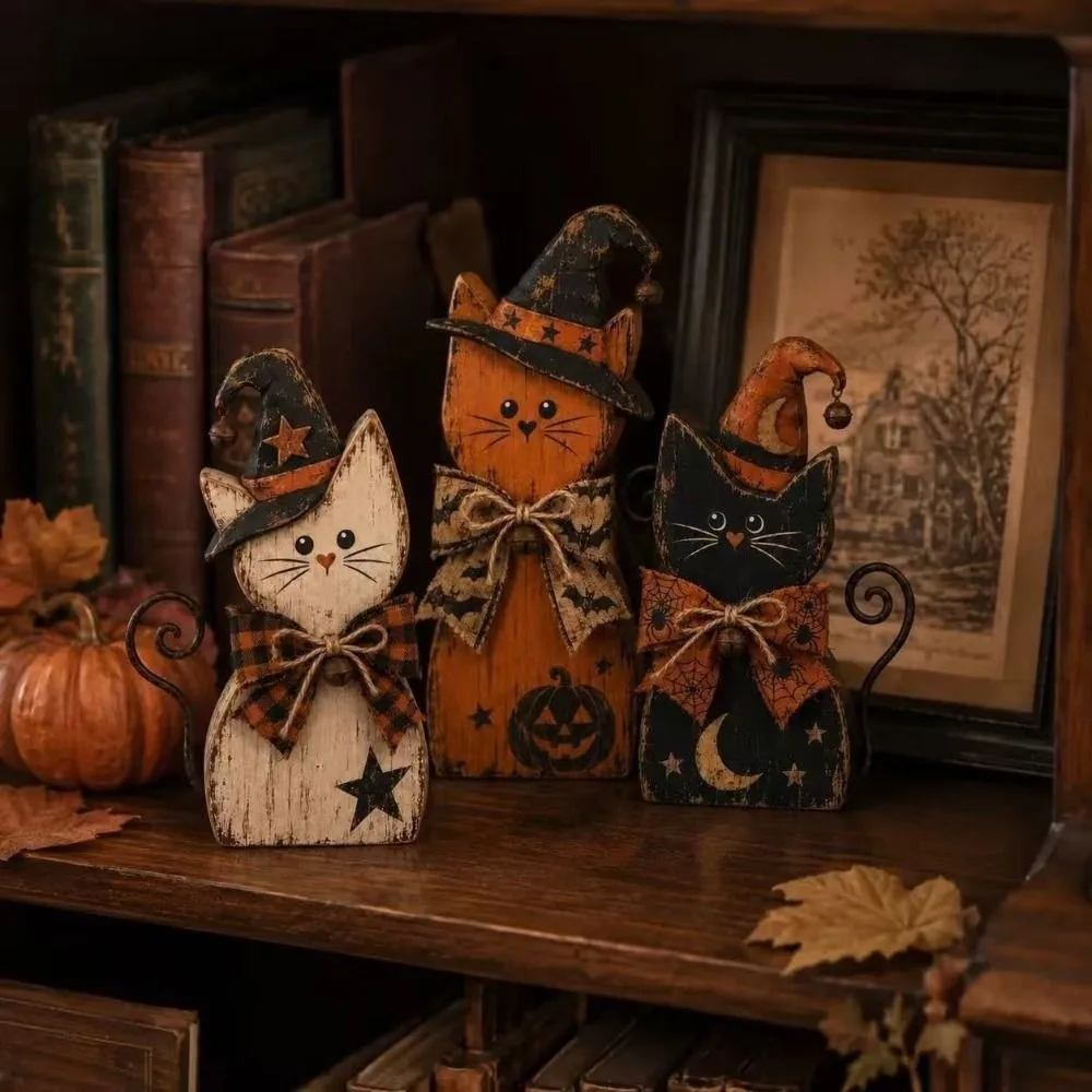 Vintage Witch Cat Decor Rustic Gothic Halloween Figurine Set Farmhouse Autumn Harvest Style Desktop Decoration Mantel Decor