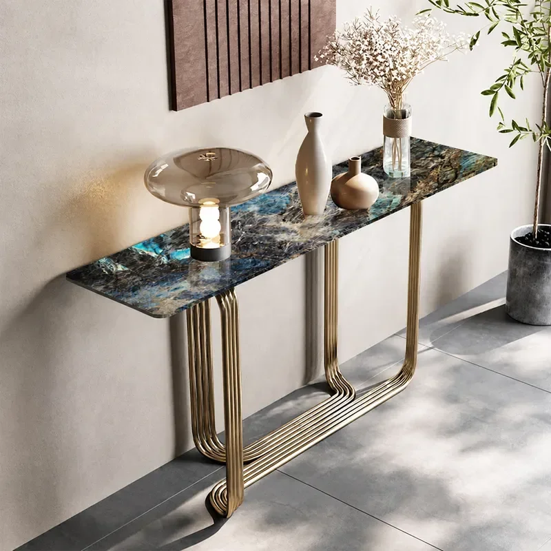 Light Luxury Stainless Steel Electroplated Titanium Entrance Table Wall Mounted Corridor Aisle Console Marble Top Entryway