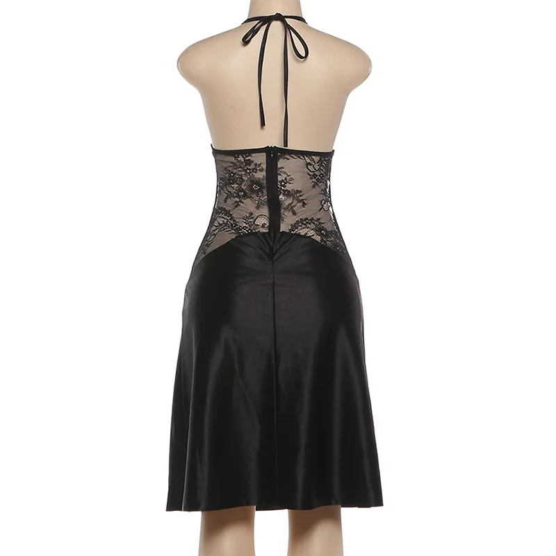Ver através de renda retalhos cetim midi vestido moda feminina sexy decote em v rendas halter sem costas divisão bodycon festa noite clubwear