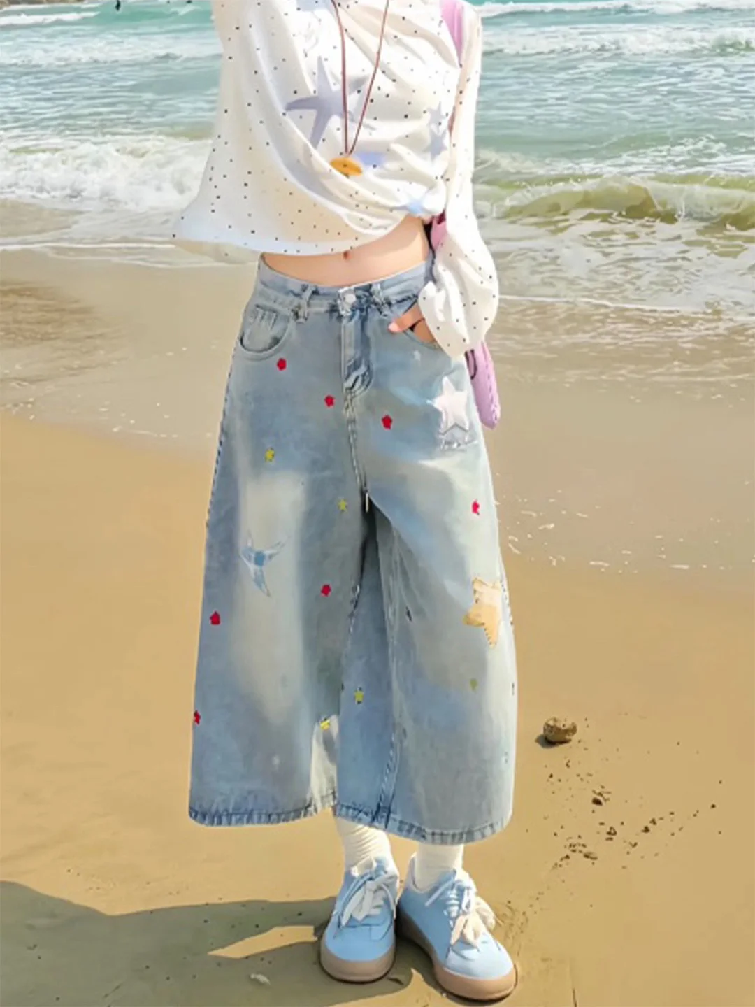 

High Waist Wide Leg Jeans Women's Loose Fit Star Embroidery Seven Length Denim Pants Straight Cut Spring Summer Fashion