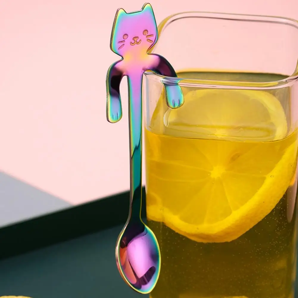 Long Handle Coffee Stirrer Stainless Steel Stirring Spoon 304 Stainless Steel Coffee Spoon Set Hanging Cat for Mugs for Tea