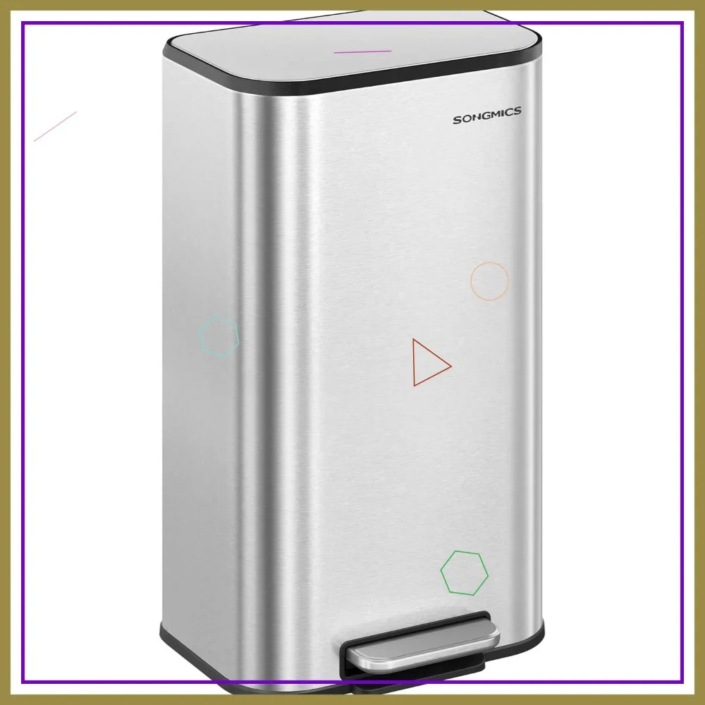 

8-Gallon Stainless Steel Kitchen Trash Can with Soft-Close Lid, Inner Bucket, and Non-Slip Pedal for Easy Use