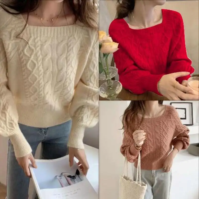 

Lantern Sleeve Sweater Women Autumn and Winter Long Sleeve Loose Bottoming Shirt Square Neck Pullover