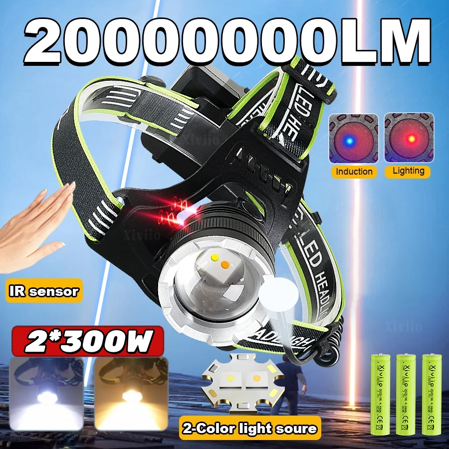 

Сильный свет 2*300 Вт светодиодный фонарь с датчиком движения, зум-фонарик, 2 цвета, прожектор, уличный фонарь для кемпинга, рыбалки, охоты