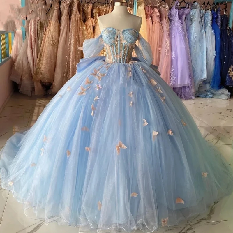 Customized 2025 Mexican Sky Blue 15 Year Old Girl Birthday Party Dress Illusion Butterfly Puffy Skirt Sweet 16 Quinceanera 14