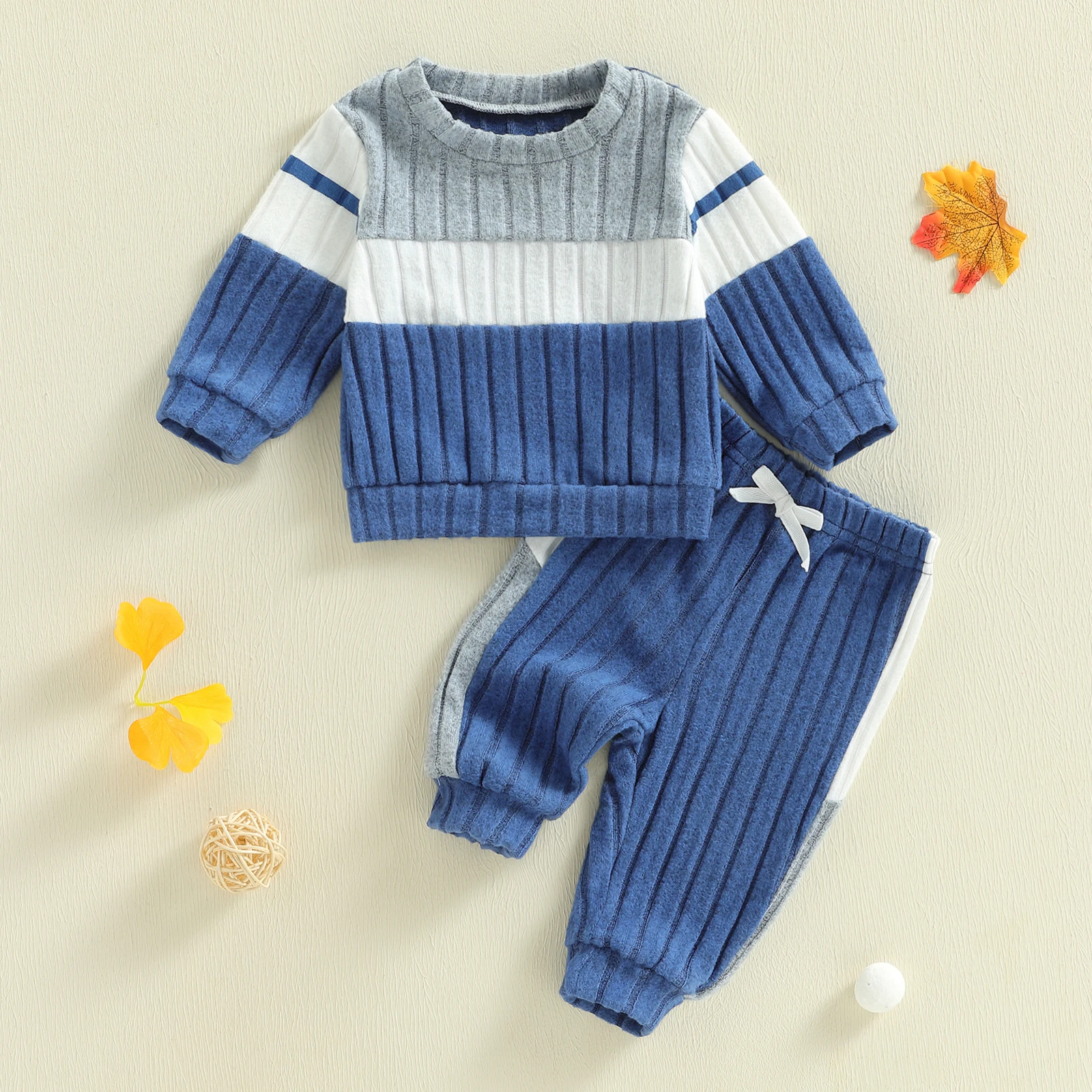 Baby Boys Pants Set Contrast Color Long Sleeve Crew Neck Sweatshirt with Elastic Waist Sweatpants Infant Boys Warm Clothes Set