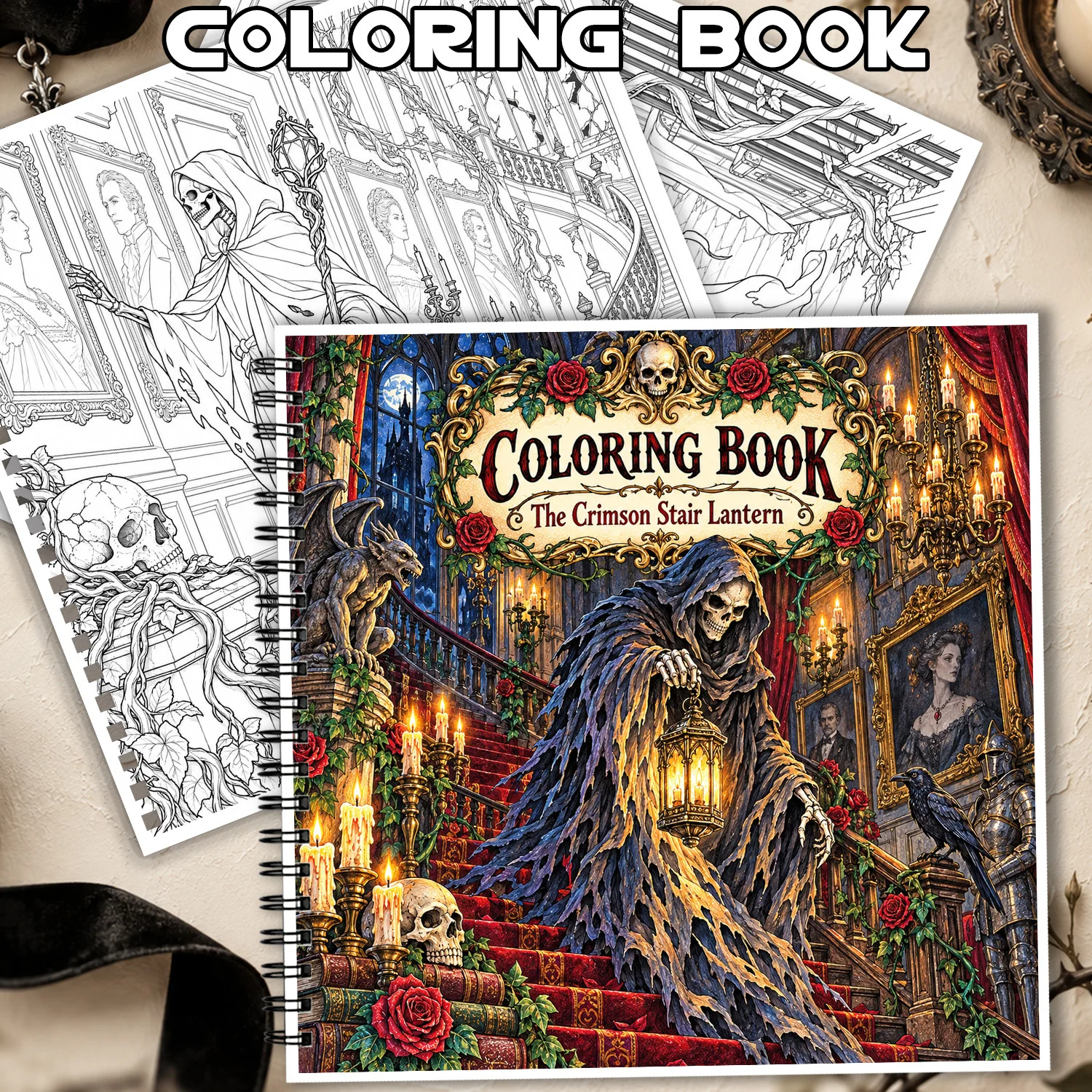 24Pages Spiral Coloring Book Gothic Horror Design Crimson Stair Lantern For Adults Teens Showcasing Creativity Relieving Stress