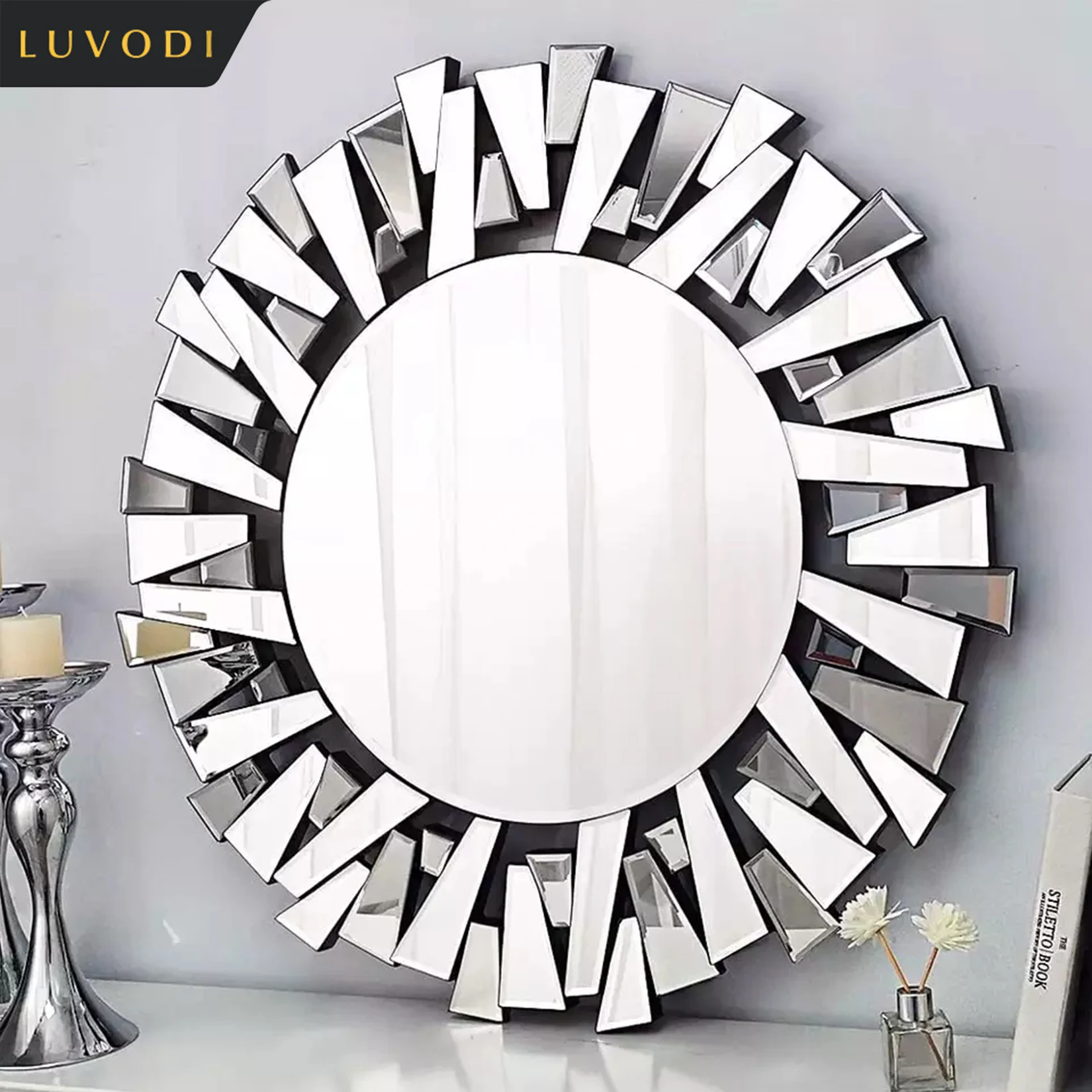 LUVODI 32inch Large Round Wall Mirror Silver Starburst 3D Beveled Edge Decorative Mirror Art Decor