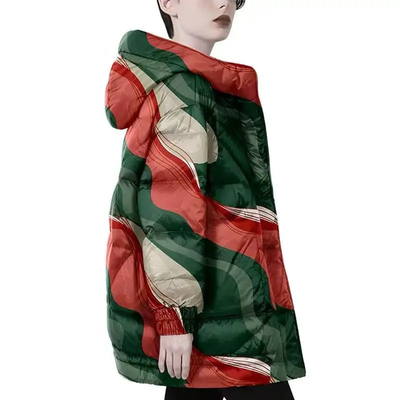 

Long Parkas Plus-size Ethnic Print Outwear Detachable Cap Loose Overcoat New 2024 Women Down Jacket Winter Coat Female Thicken