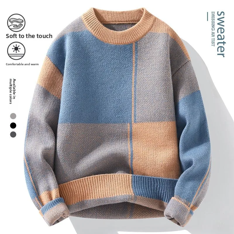 

Men's Casual Dopane Color Blo Knitwear Student Patchwork Base Layer irt Trendy Long Sve Stand Collar Polyester Fiber