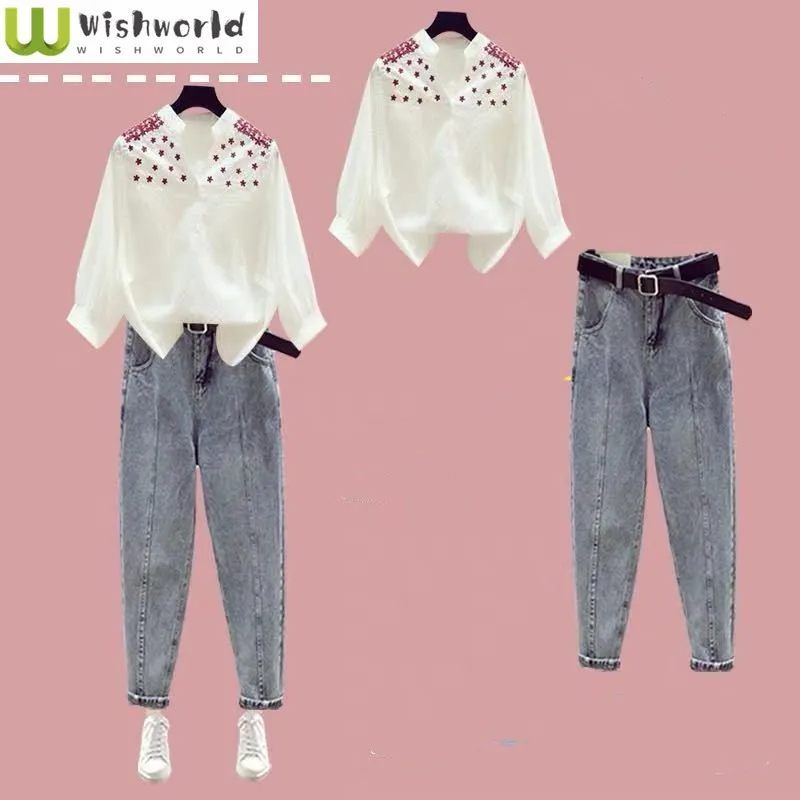 Fashionable Suit for Women Fashionable V-neck Floral Embroidery Shirt High Waisted Slimming Harlan Pants Two-piece Set